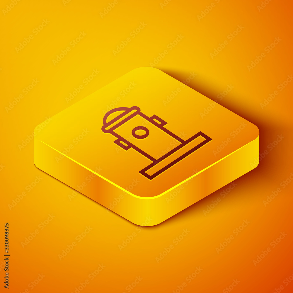 Isometric line Fire hydrant icon isolated on orange background. Yellow square button. Vector Illustr