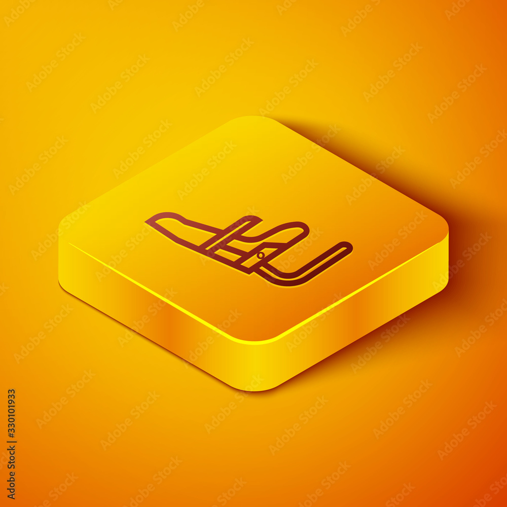 Isometric line Airplane seat icon isolated on orange background. Yellow square button. Vector Illust