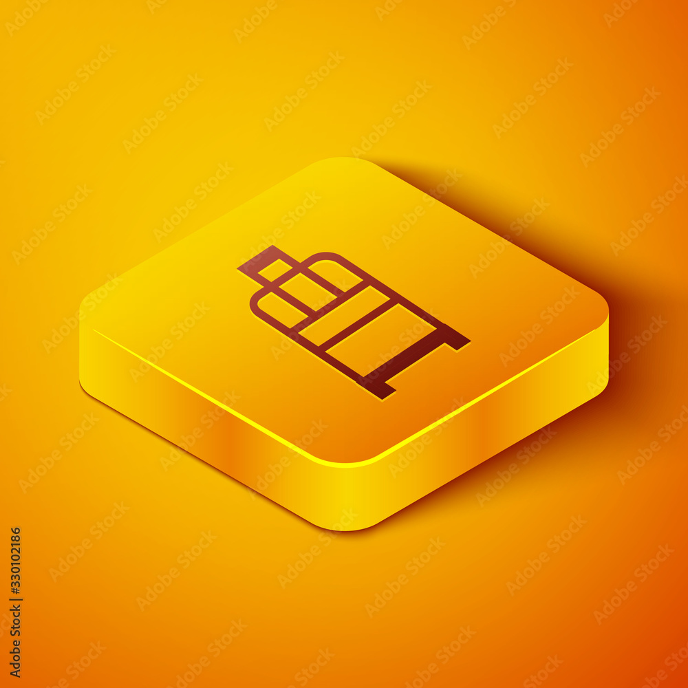 Isometric line Suitcase for travel icon isolated on orange background. Traveling baggage sign. Trave