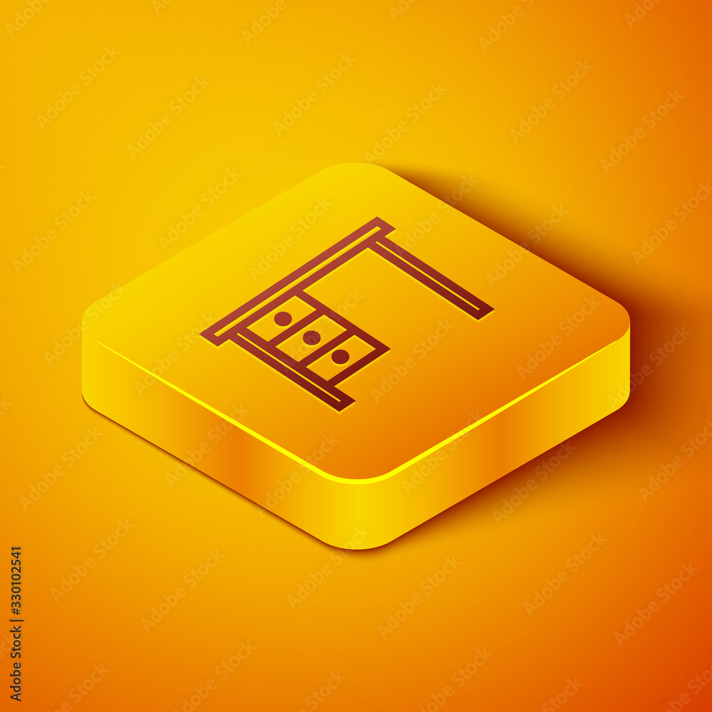 Isometric line Office desk icon isolated on orange background. Yellow square button. Vector Illustra