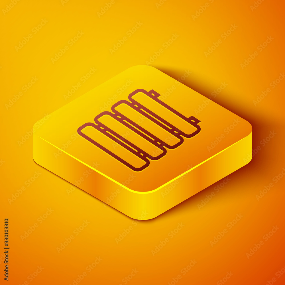 Isometric line Heating radiator icon isolated on orange background. Yellow square button. Vector Ill