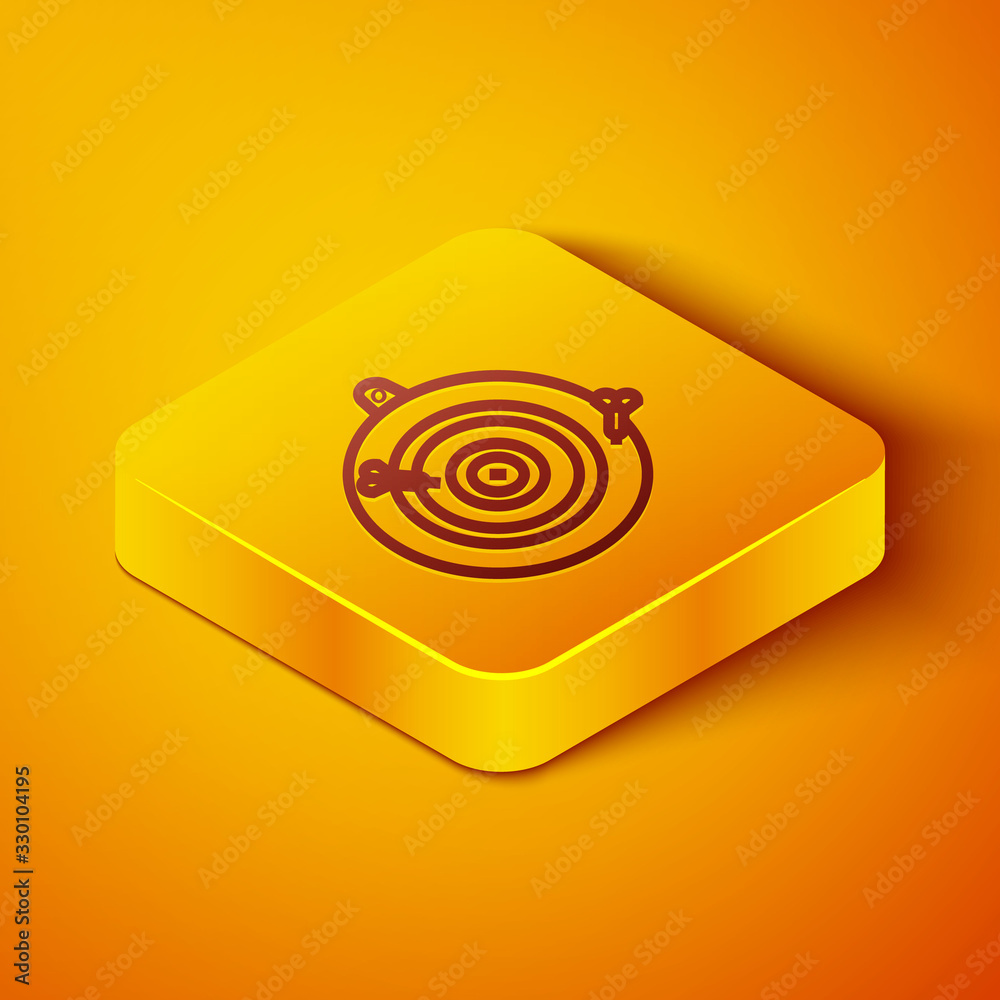 Isometric line Classic dart board and arrow icon isolated on orange background. Dartboard sign. Game