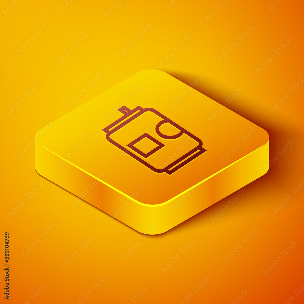 Isometric line Beer can icon isolated on orange background. Yellow square button. Vector Illustratio