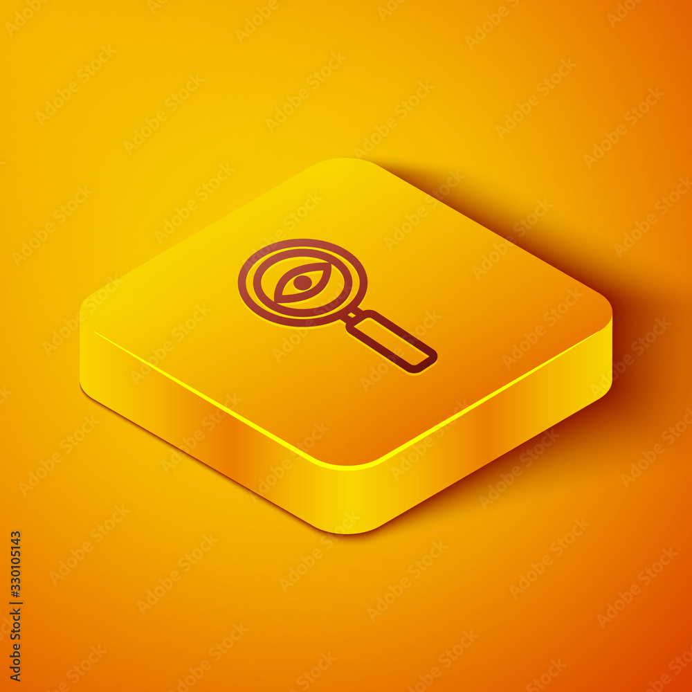 Isometric line Magnifying glass icon isolated on orange background. Search, focus, zoom, business sy