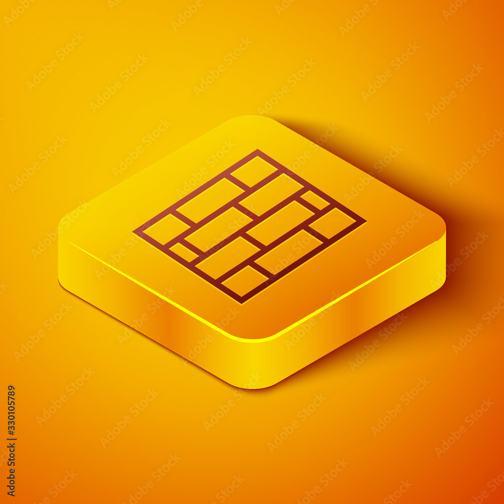 Isometric line Bricks icon isolated on orange background. Yellow square button. Vector Illustration