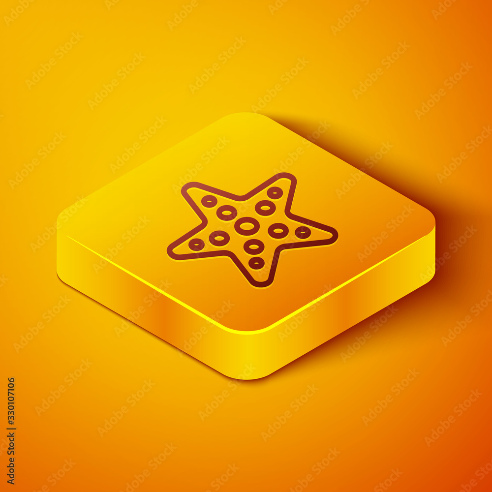 Isometric line Starfish icon isolated on orange background. Yellow square button. Vector Illustratio