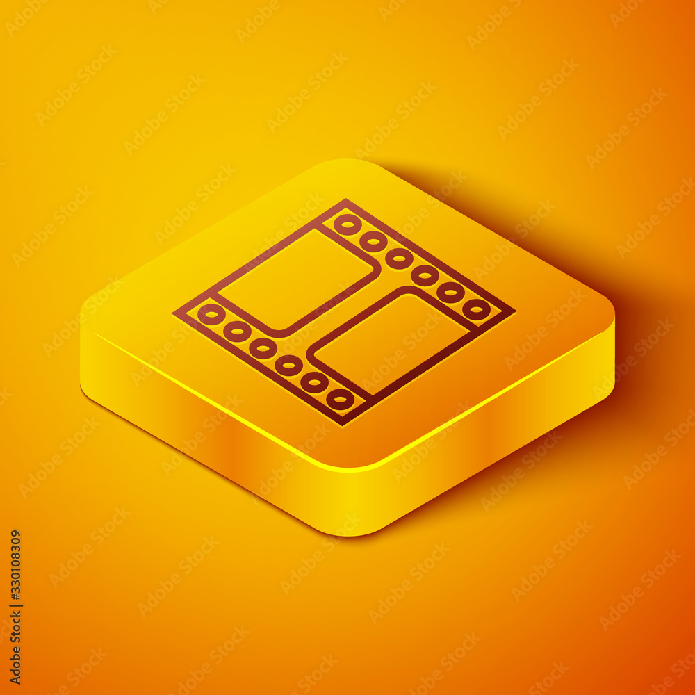 Isometric line Play Video icon isolated on orange background. Film strip sign. Yellow square button.