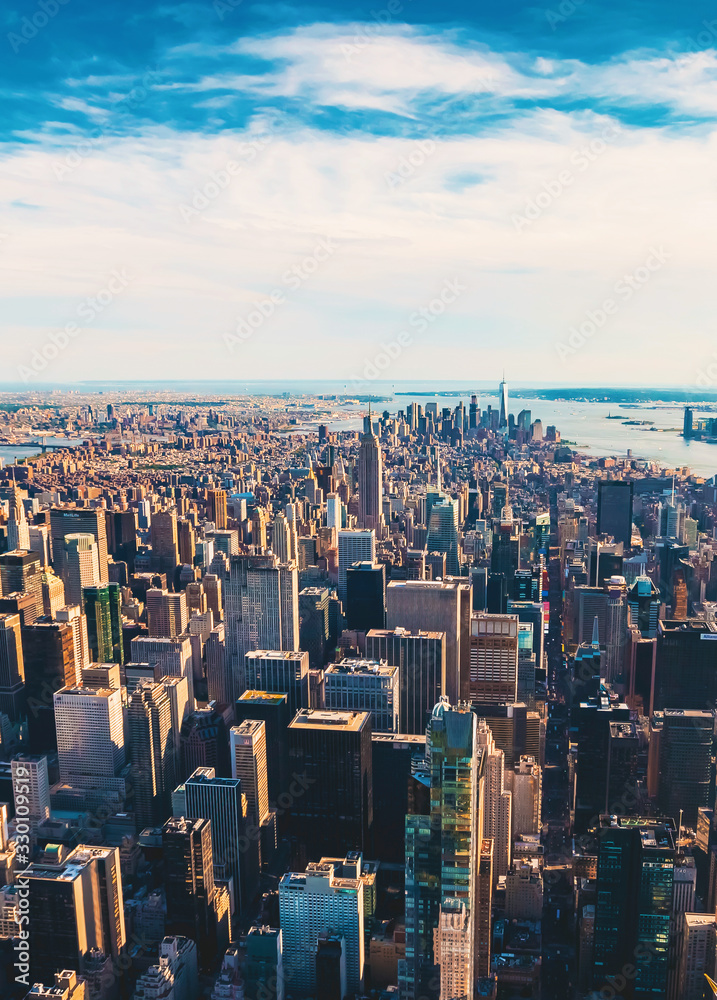 Aerial view of Manhattan New York looking south from Midtown