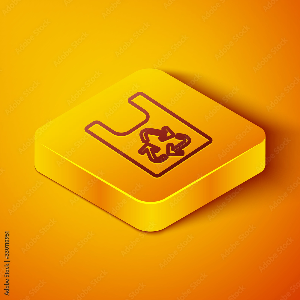 Isometric line Plastic bag with recycle icon isolated on orange background. Bag with recycling symbo