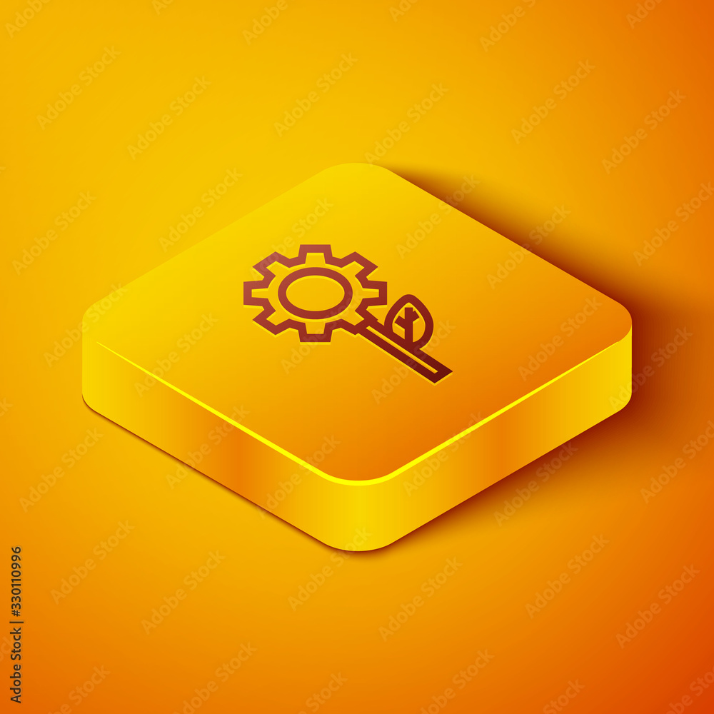 Isometric line Leaf plant ecology in gear machine icon isolated on orange background. Eco friendly t