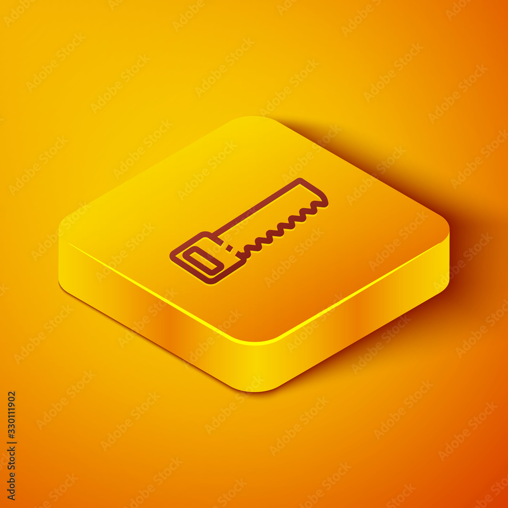 Isometric line Hand saw icon isolated on orange background. Yellow square button. Vector Illustratio