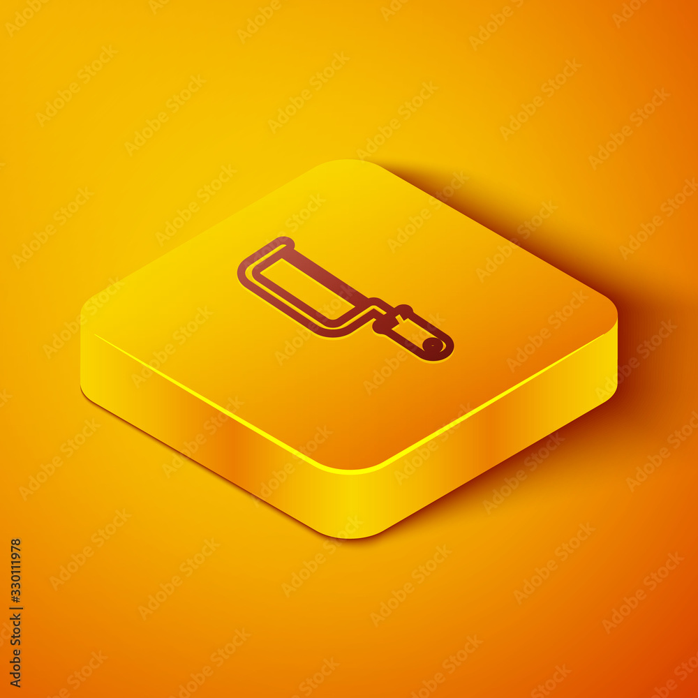 Isometric line Hacksaw icon isolated on orange background. Metal saw for wood and metal. Yellow squa