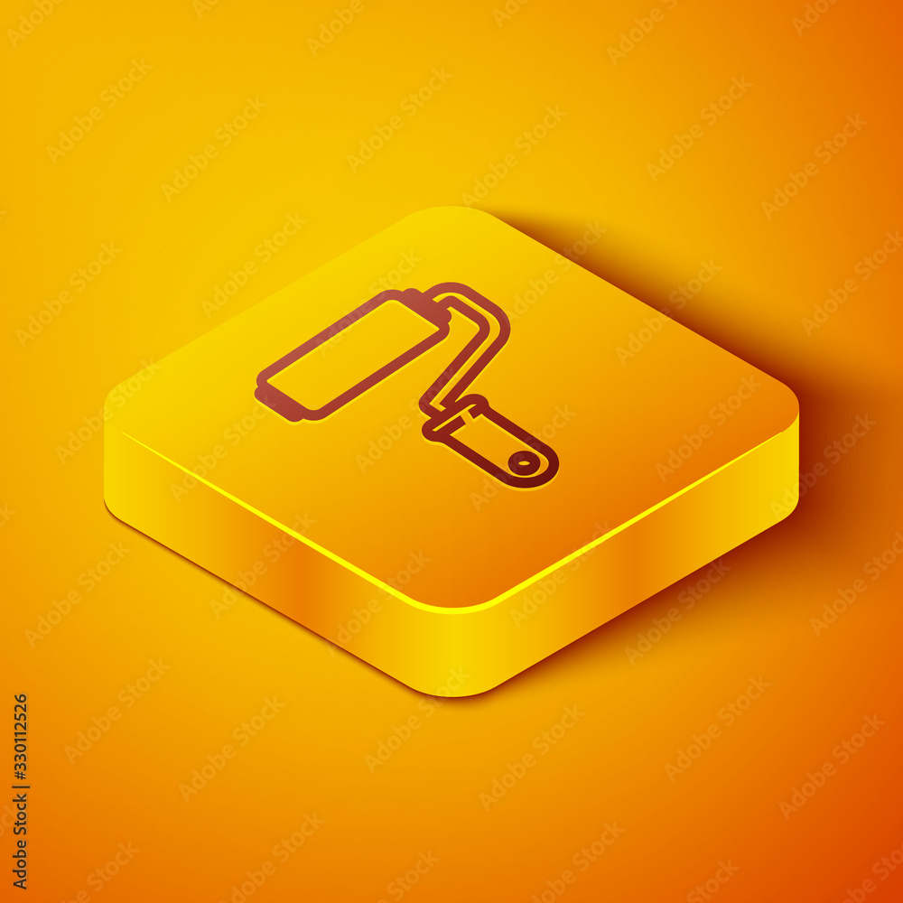 Isometric line Paint roller brush icon isolated on orange background. Yellow square button. Vector I