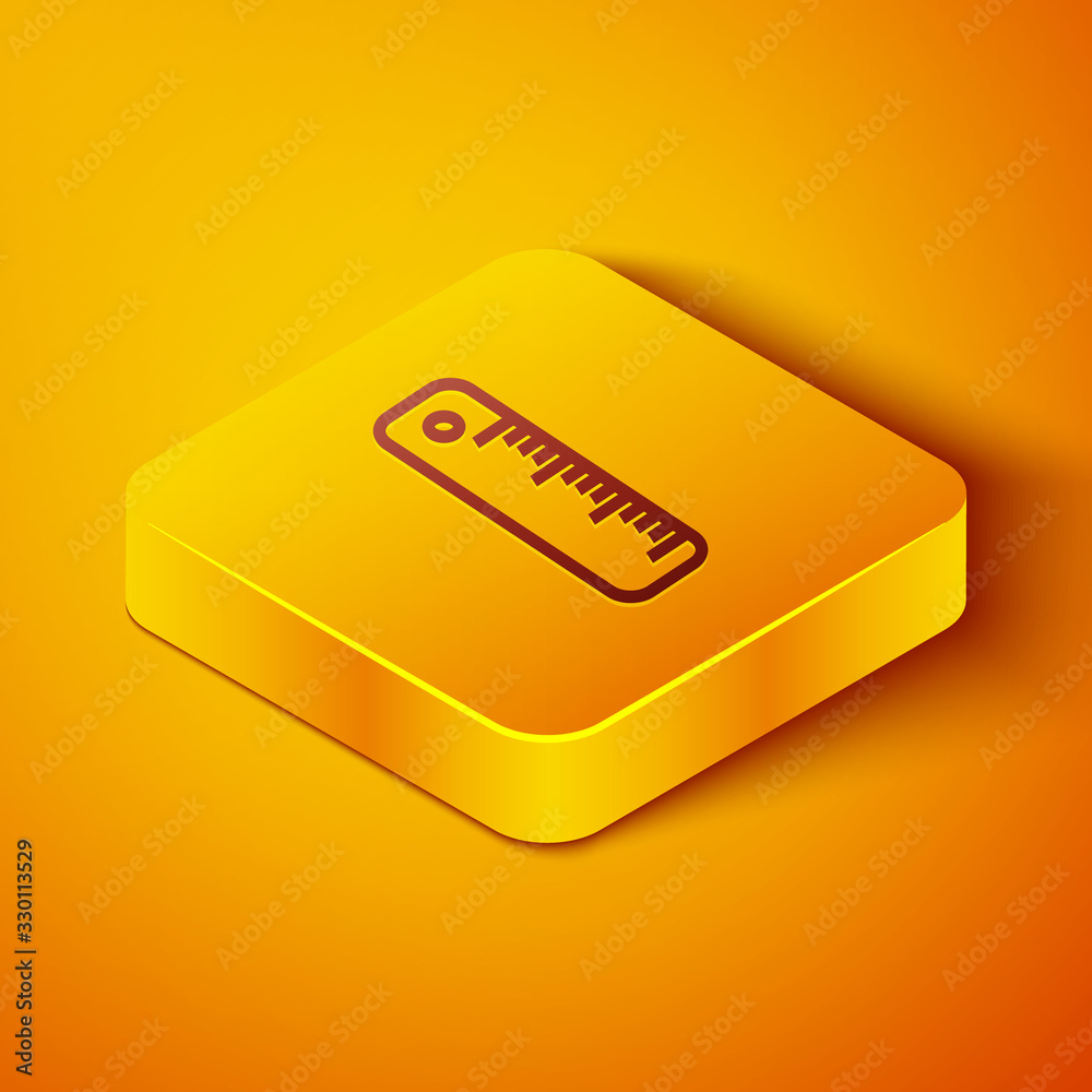 Isometric line Ruler icon isolated on orange background. Straightedge symbol. Yellow square button. 