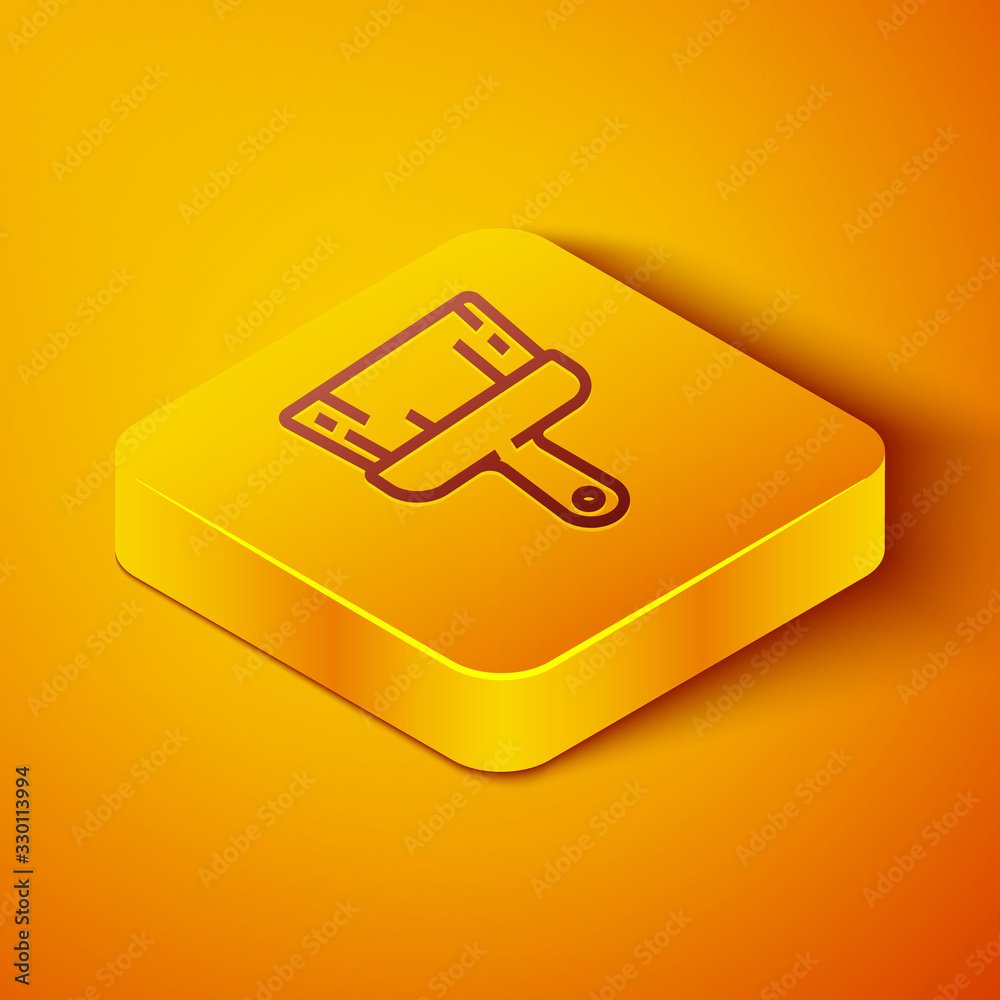 Isometric line Paint brush icon isolated on orange background. Yellow square button. Vector Illustra