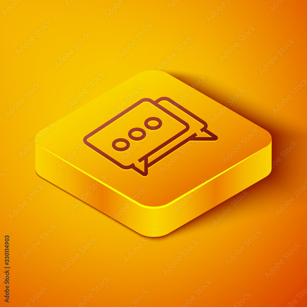 Isometric line Speech bubble chat icon isolated on orange background. Message icon. Communication or