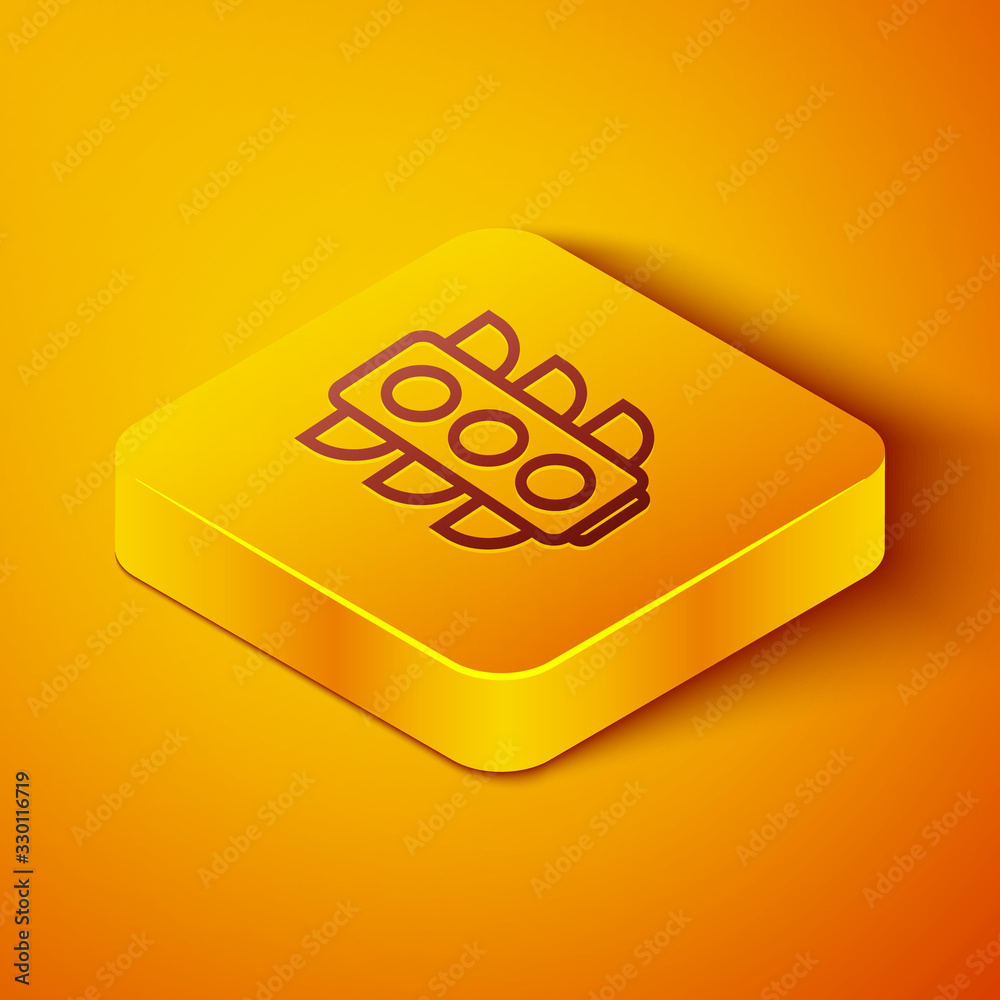 Isometric line Traffic light icon isolated on orange background. Yellow square button. Vector Illust