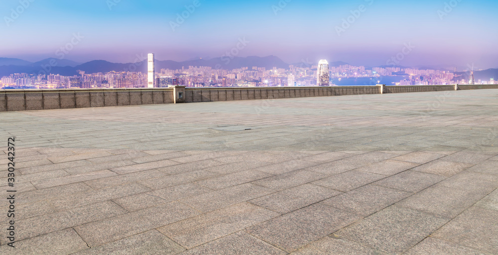 Brick pavement and urban skyline