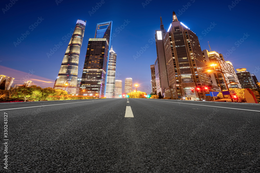 Skyline of Highway Pavement and Shanghai Architectural Landscape