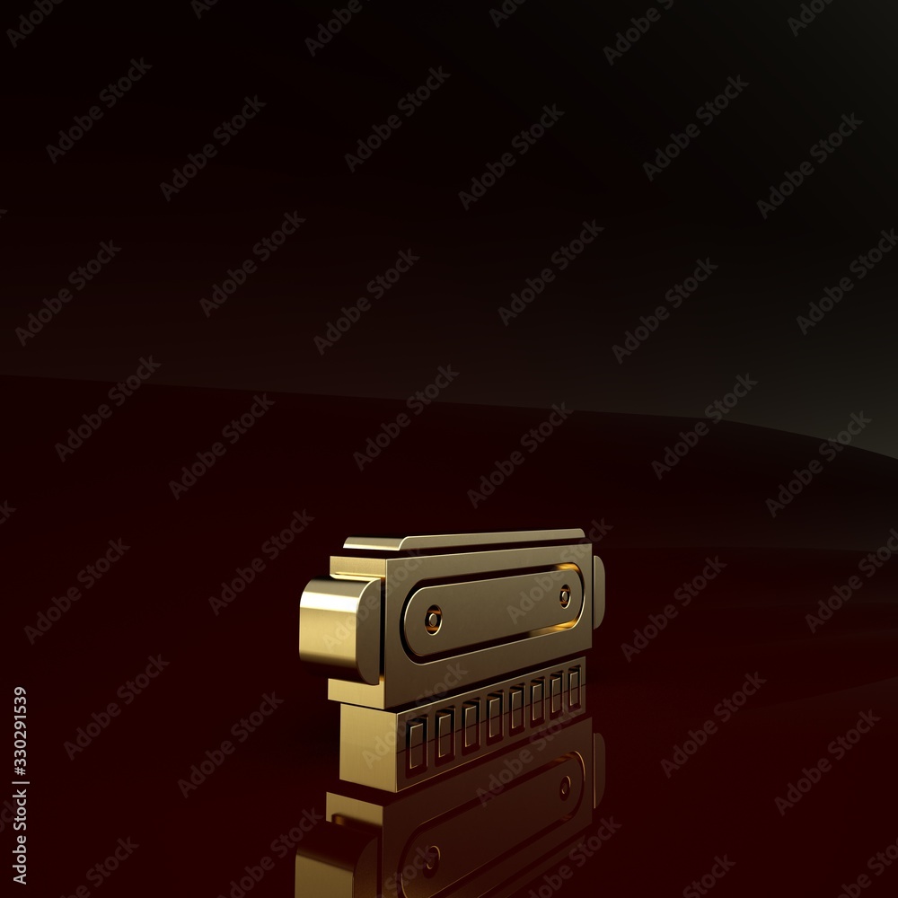 Gold Harmonica icon isolated on brown background. Musical instrument. Minimalism concept. 3d illustr