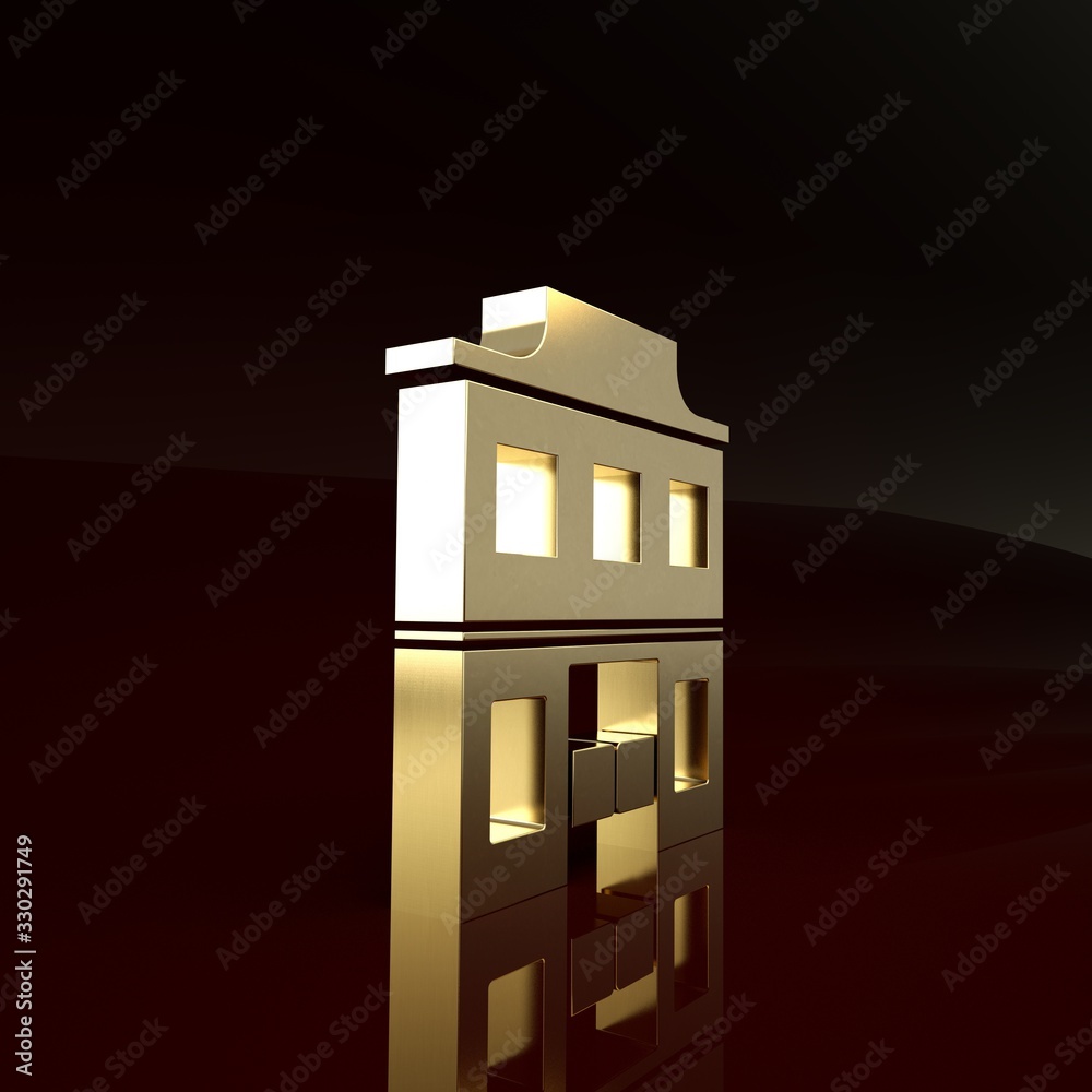 Gold Wild west saloon icon isolated on brown background. Old west building. Minimalism concept. 3d i