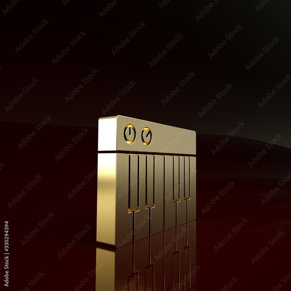 Gold Music synthesizer icon isolated on brown background. Electronic piano. Minimalism concept. 3d i