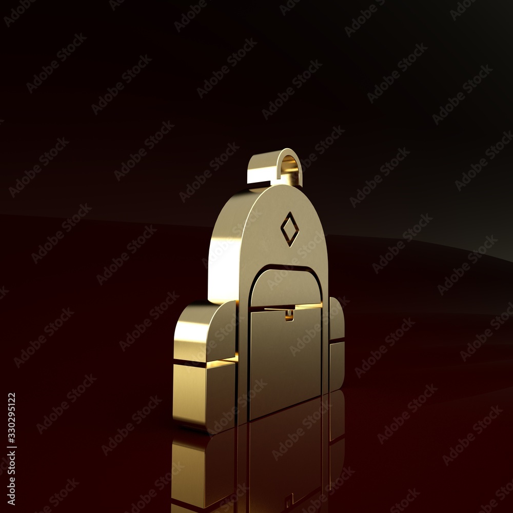 Gold Hiking backpack icon isolated on brown background. Camping and mountain exploring backpack. Min