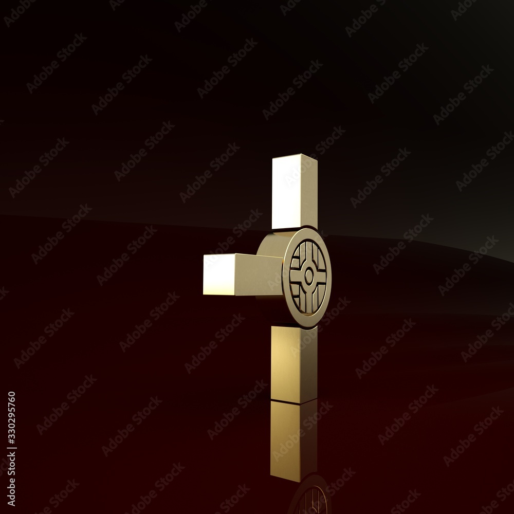 Gold Industry metallic pipes and valve icon isolated on brown background. Minimalism concept. 3d ill