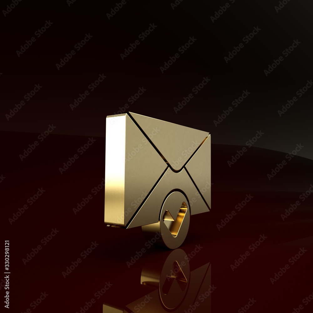 Gold Envelope and check mark icon isolated on brown background. Successful e-mail delivery, email de