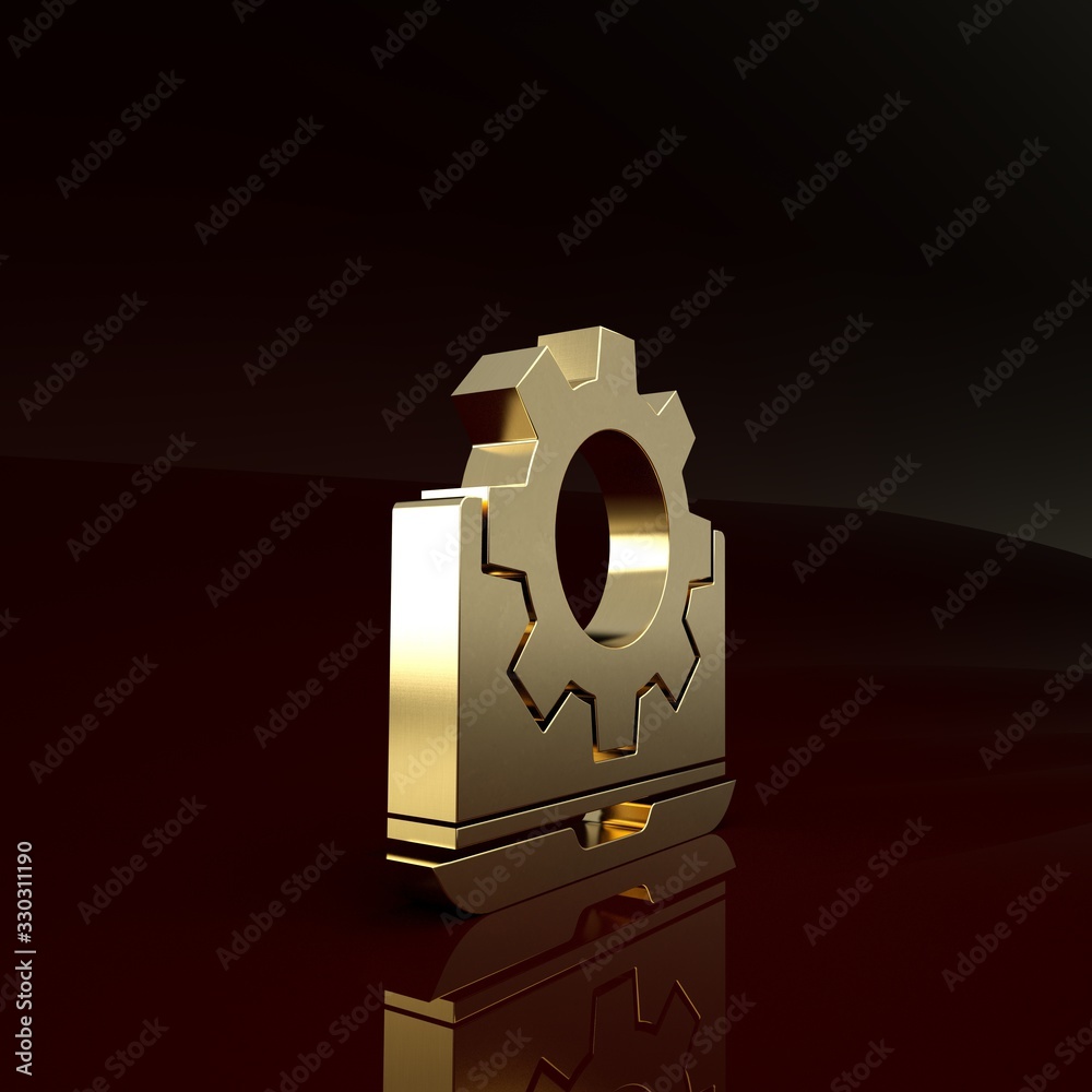 Gold Laptop and gear icon isolated on brown background. Adjusting app, setting options, maintenance,