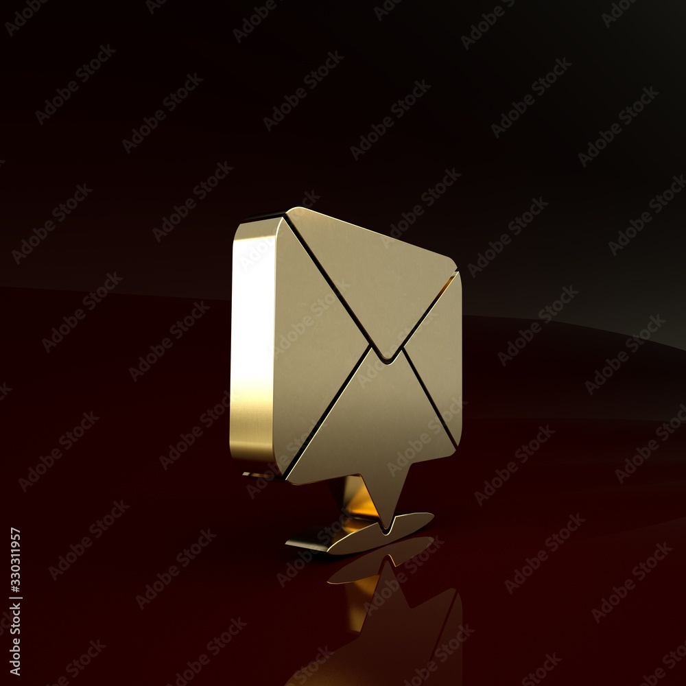 Gold Envelope icon isolated on brown background. Email message letter symbol. Minimalism concept. 3d