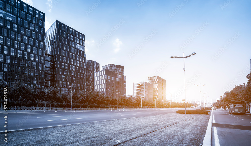 Streets and office buildings of Jinan central business district..