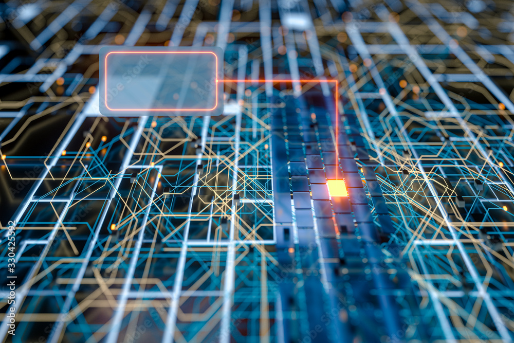 Circuit board and current data, data background, 3d rendering.