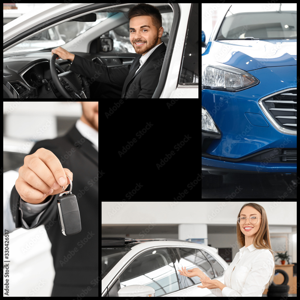 Collage of photos with happy people after buying new car in salon and space for text