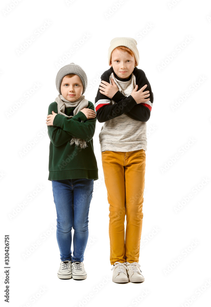 Cute little boys shaking with cold on white background