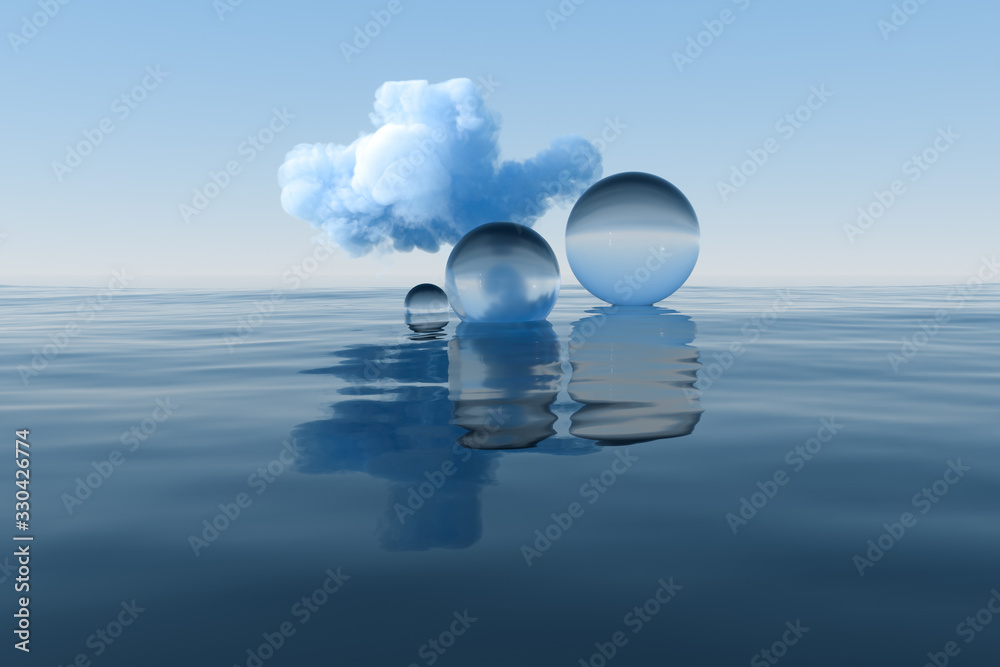 Cloud and geometric figure floating on the lake, 3d rendering.