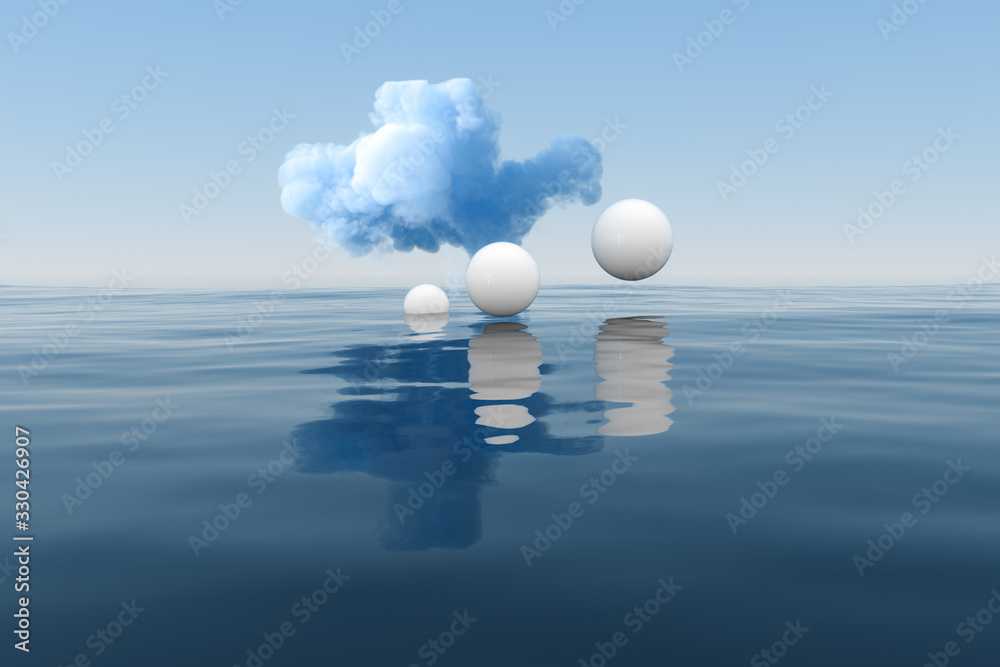 Cloud and geometric figure floating on the lake, 3d rendering.