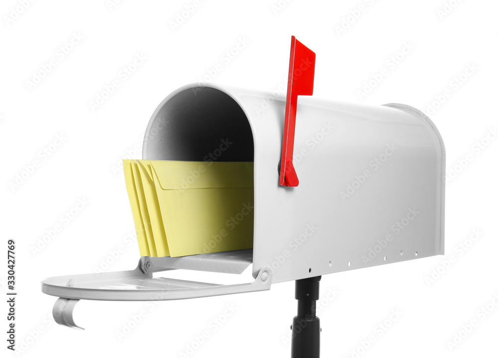 Mail box with letters on white background