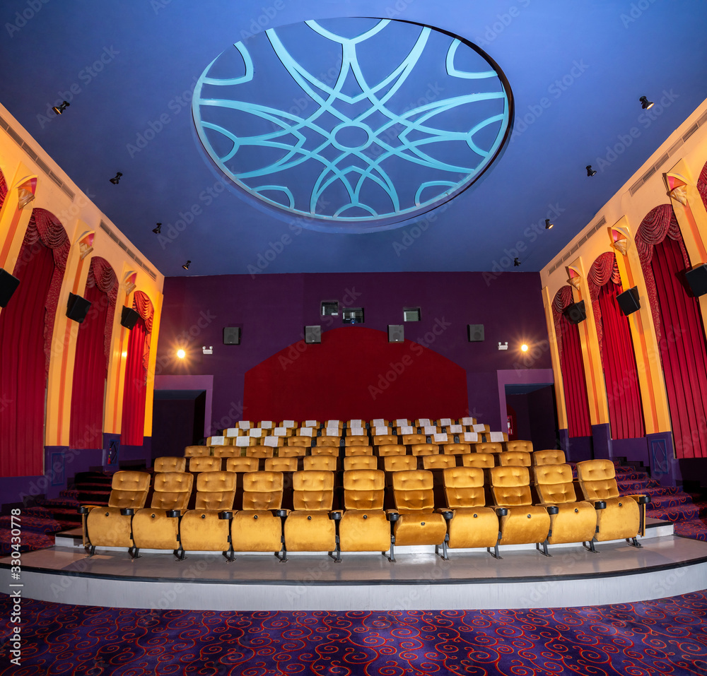 Large cinema theater interior with seat rows for audience to sit in movie theater premiere by cinema