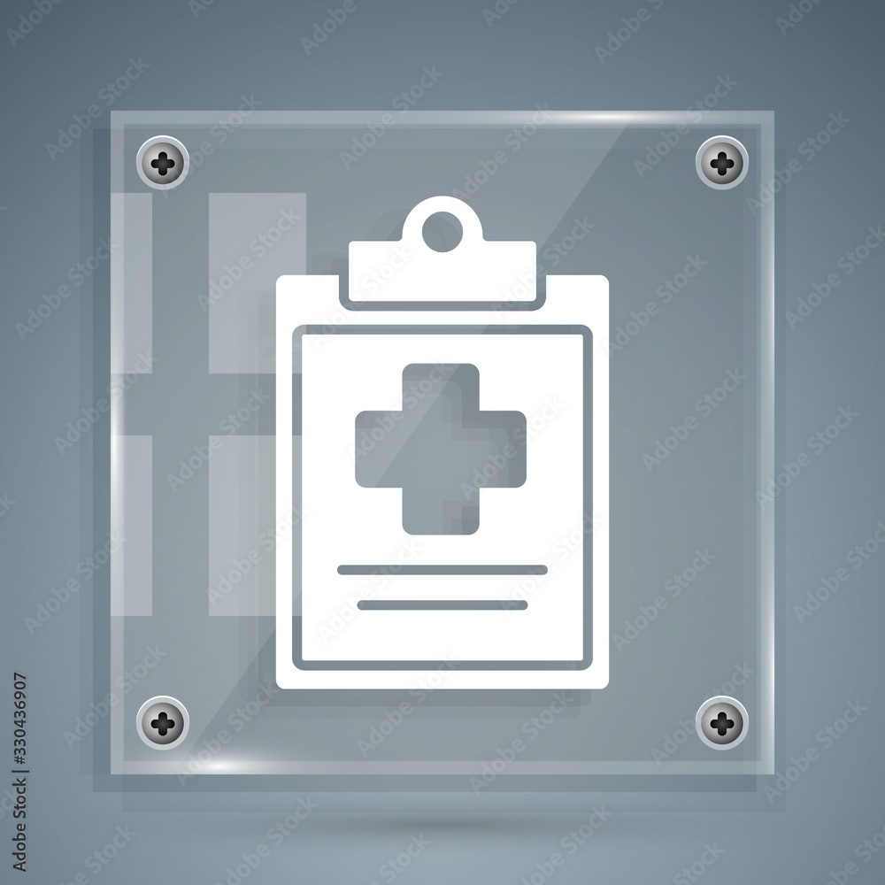 White Medical clipboard with clinical record icon isolated on grey background. Health insurance form