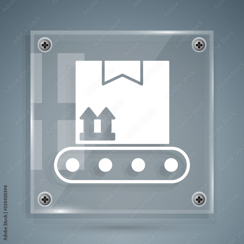 White Conveyor belt with cardboard box icon isolated on grey background. Square glass panels. Vector