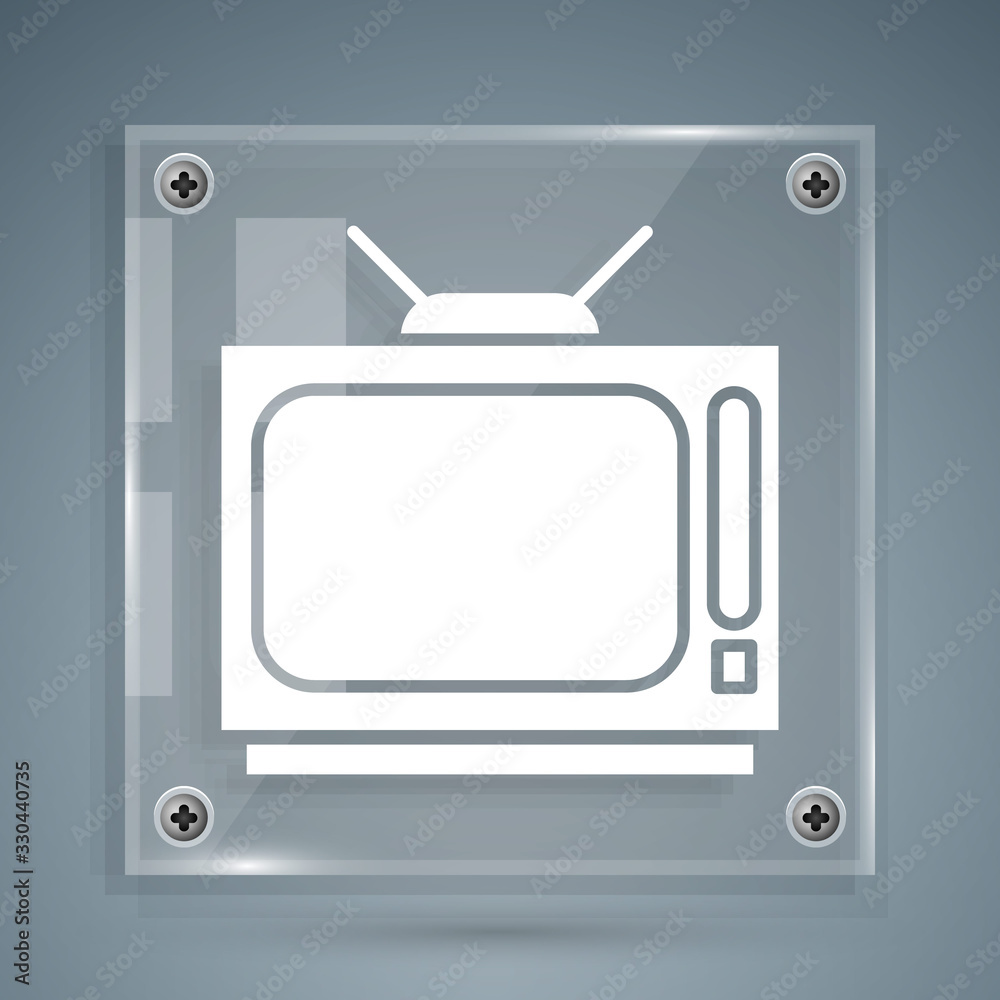 White Retro tv icon isolated on grey background. Television sign. Square glass panels. Vector Illust