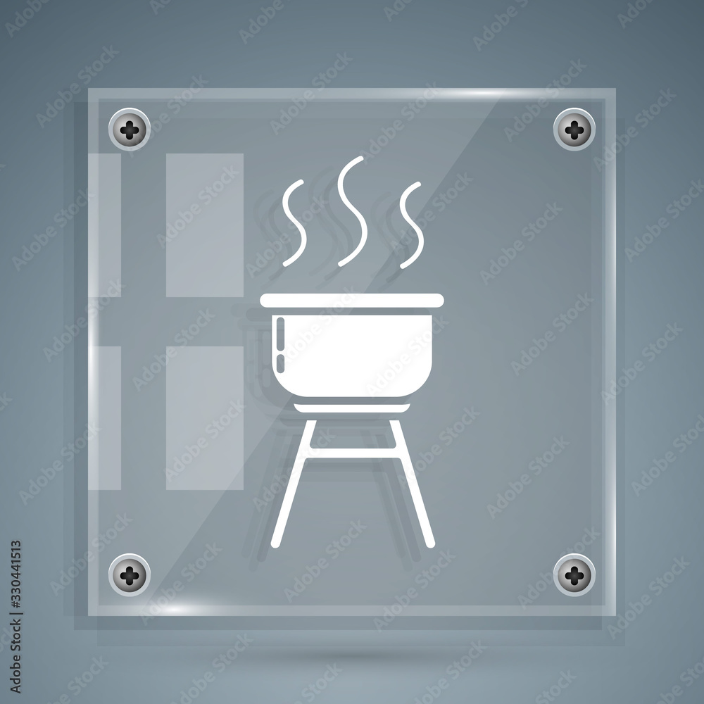 White Barbecue grill icon isolated on grey background. BBQ grill party. Square glass panels. Vector 