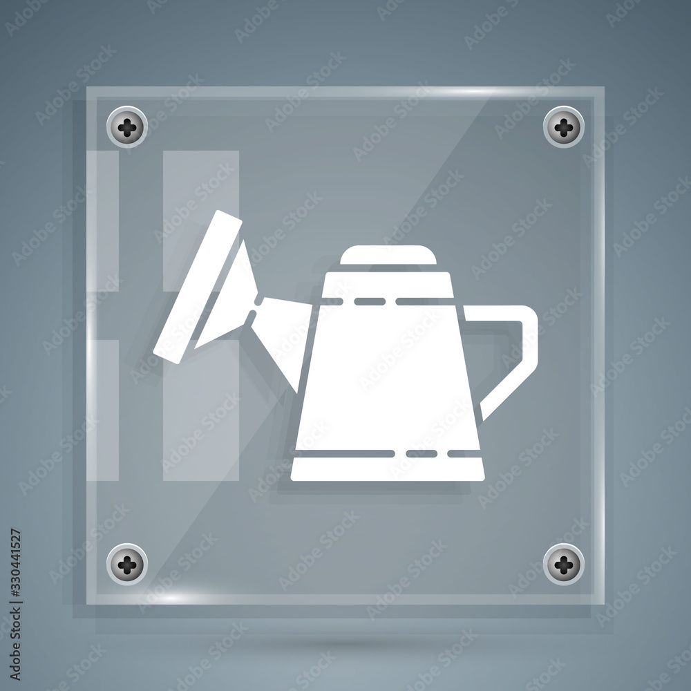 White Watering can icon isolated on grey background. Irrigation symbol. Square glass panels. Vector 