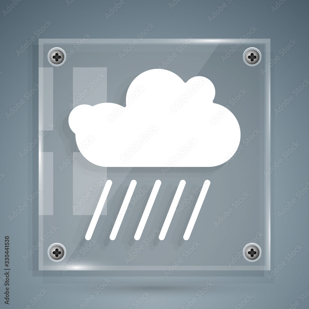 White Cloud with rain icon isolated on grey background. Rain cloud precipitation with rain drops. Sq