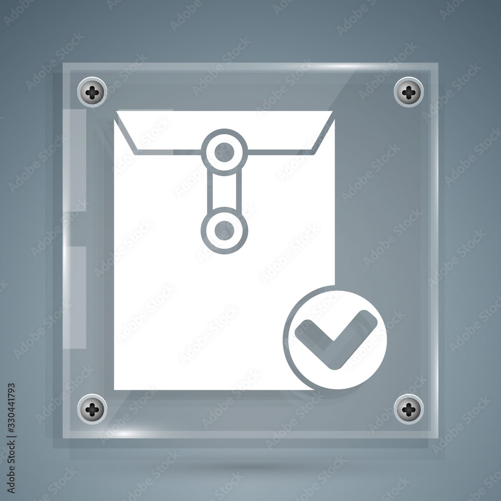 White Envelope and check mark icon isolated on grey background. Successful e-mail delivery, email de