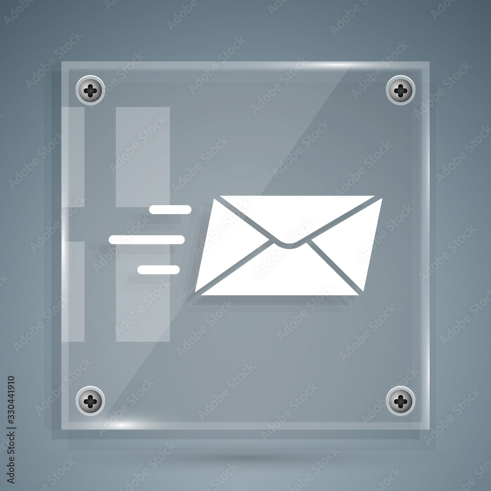 White Express envelope icon isolated on grey background. Email message letter symbol. Square glass p