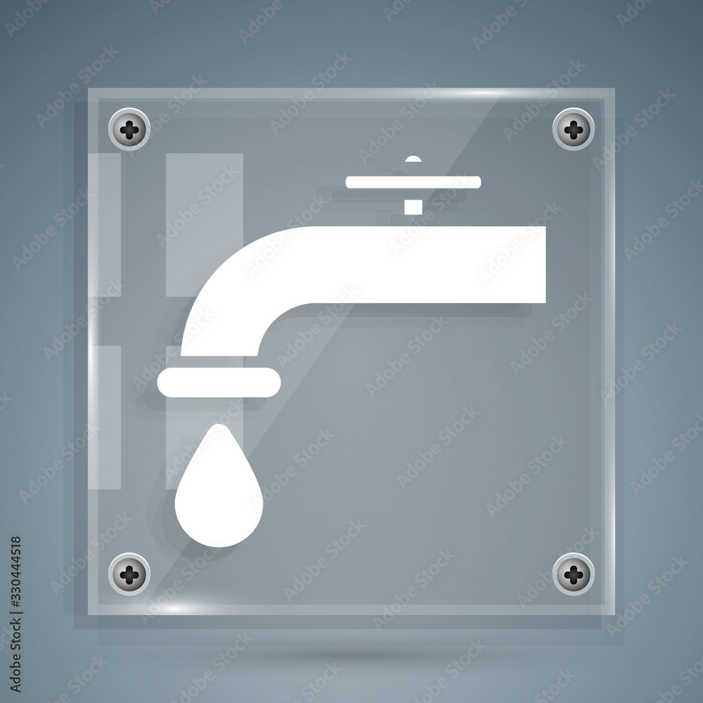 White Water tap with a falling water drop icon isolated on grey background. Square glass panels. Vec