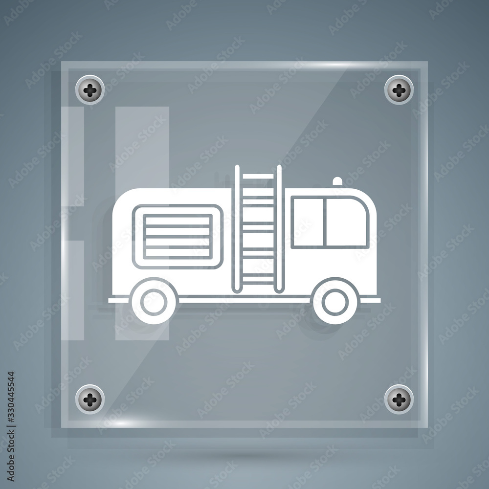 White Fire truck icon isolated on grey background. Fire engine. Firefighters emergency vehicle. Squa