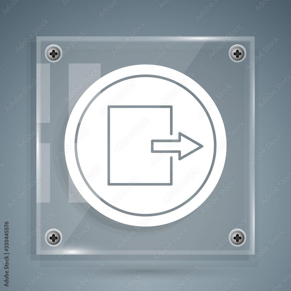 White Fire exit icon isolated on grey background. Fire emergency icon. Square glass panels. Vector I